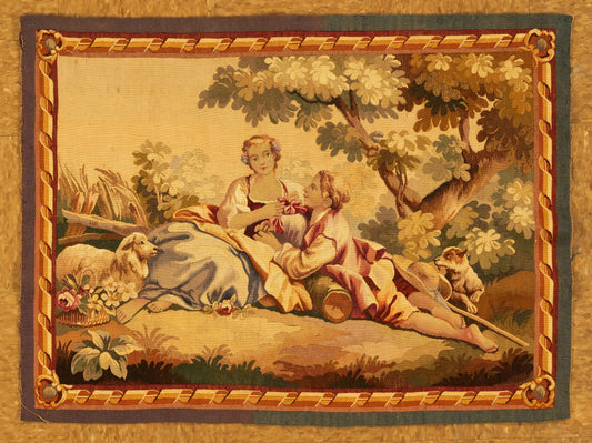 Antique French Tapestry Romantic Scene 2.8 x 3.6